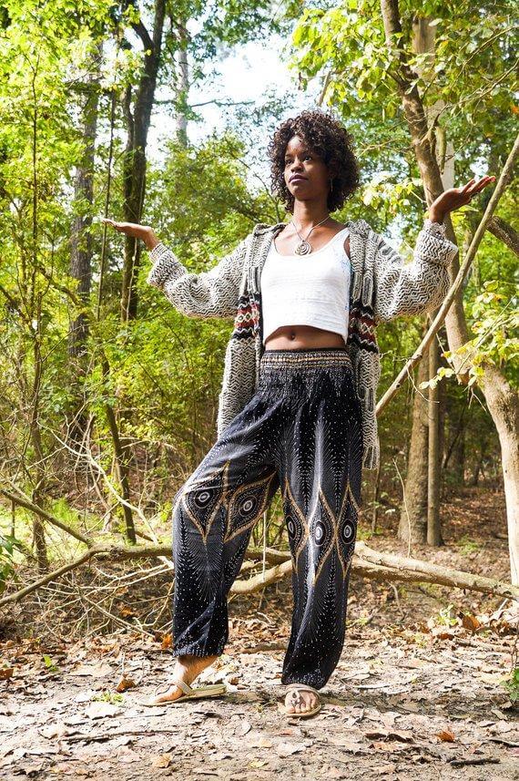 Be Extra Harem Boho Handmade Pants with Peackock Design