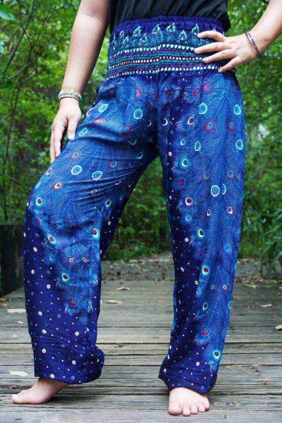 Blue Loose Handmade Boho Pants with Peacock Pattern - BeExtra! Apparel & More