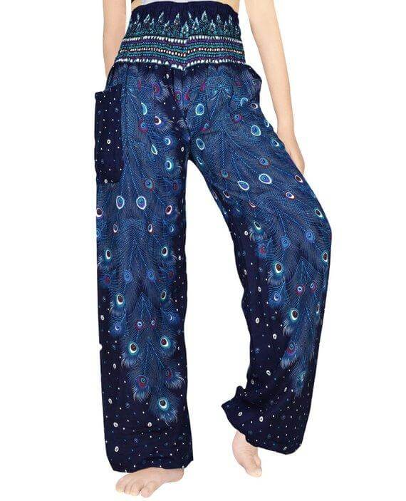 Blue Loose Handmade Boho Pants with Peacock Pattern - BeExtra! Apparel & More