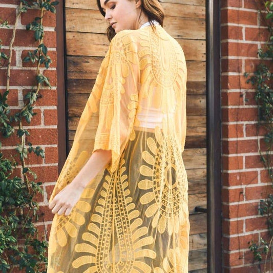 Bohemian Mustard Lace Embroidered Kimono - BeExtra! Apparel & More