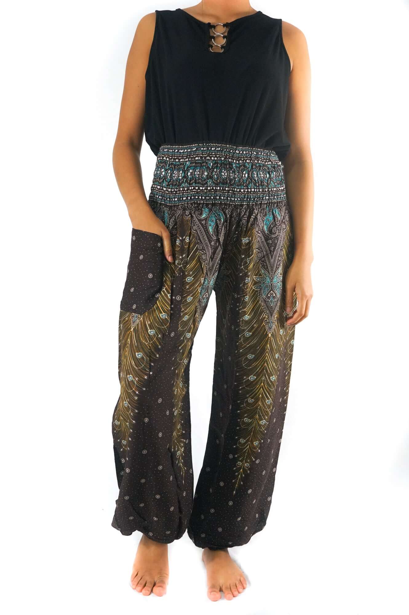 Brown Teal Peacock Womens Boho Pants - BeExtra! Apparel & More