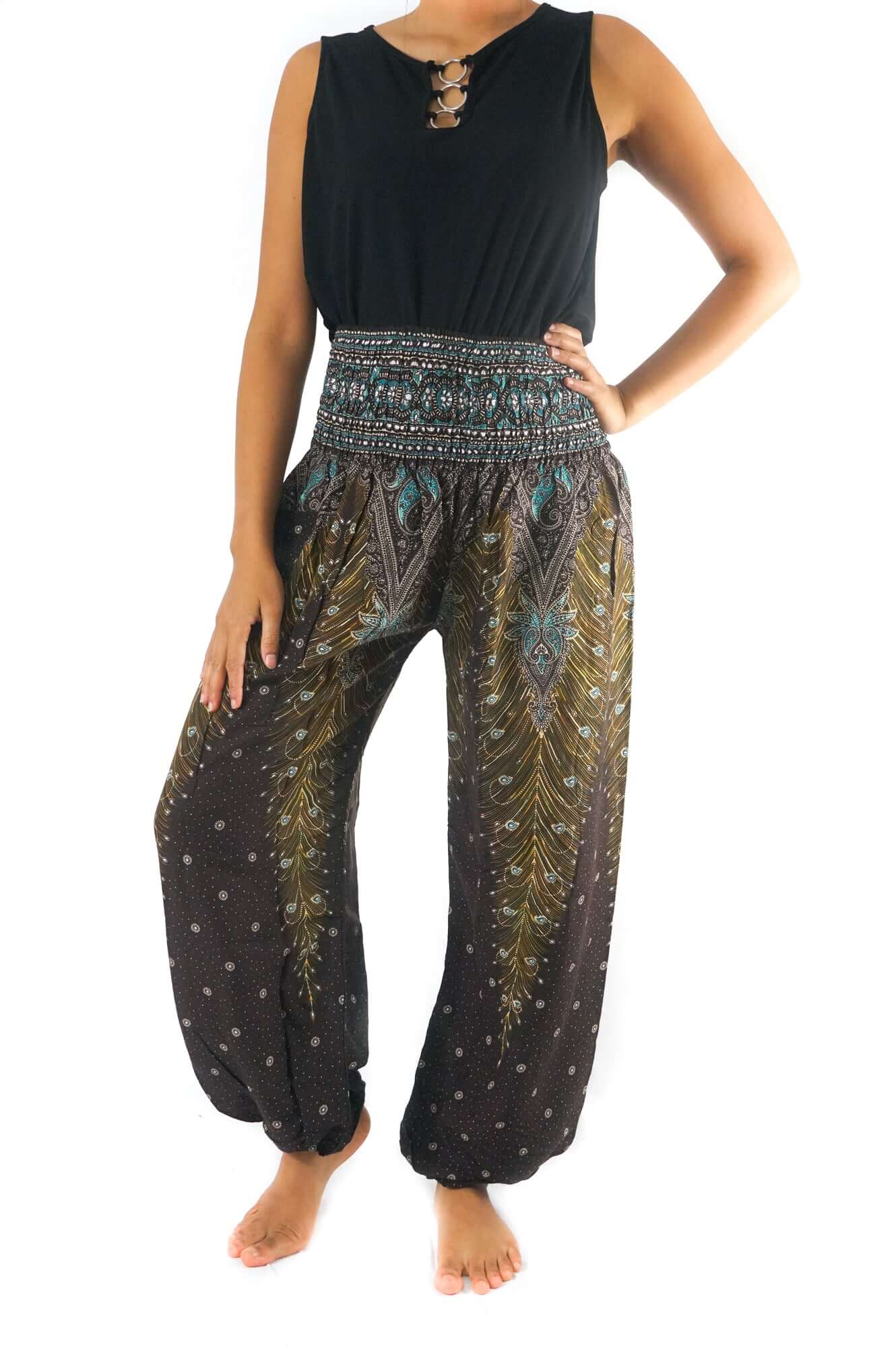 Brown Teal Peacock Womens Boho Pants - BeExtra! Apparel & More