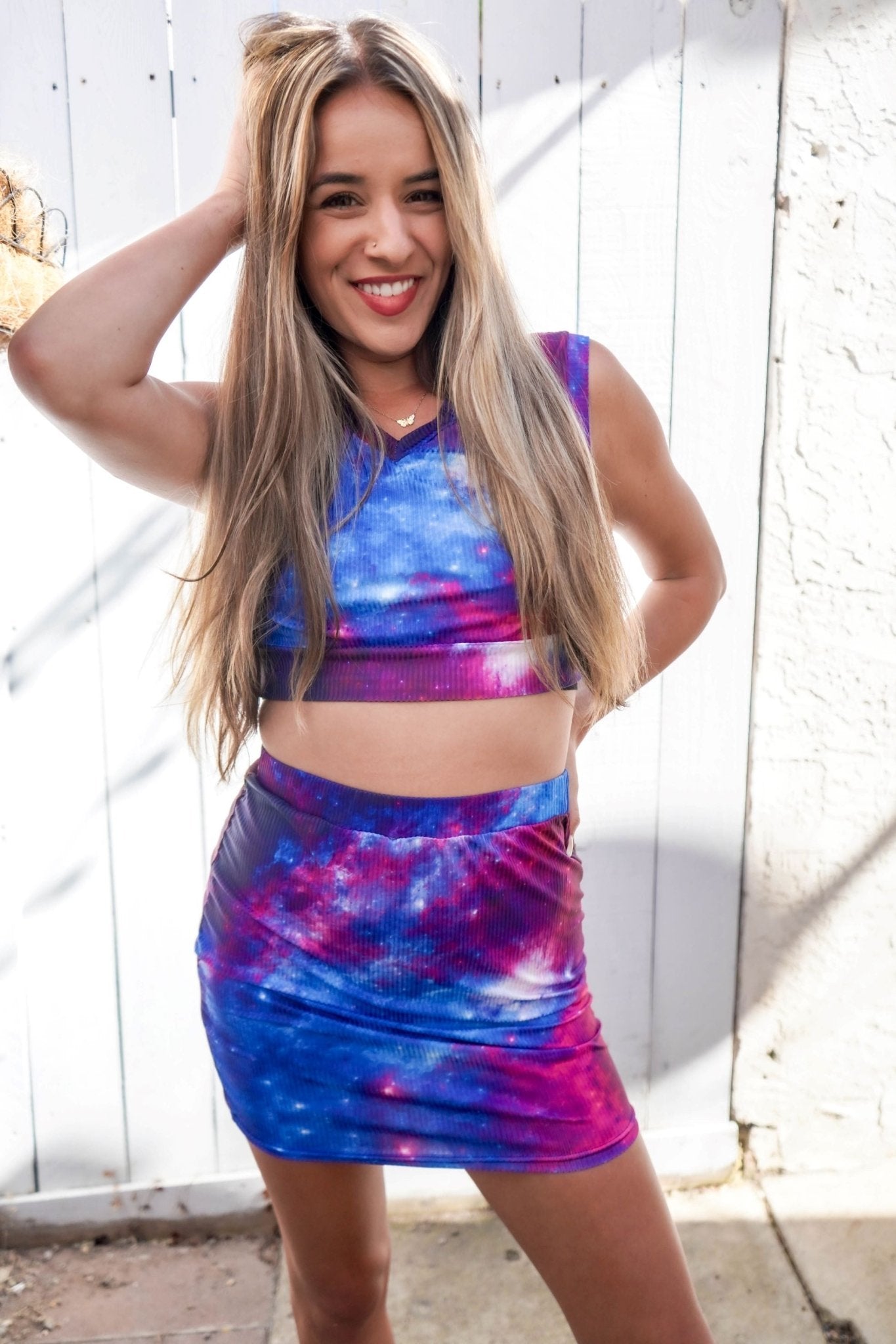 Galaxy Outfit for Women: Crop Top with V Collar and Mini Skirt - BeExtra! Apparel & More