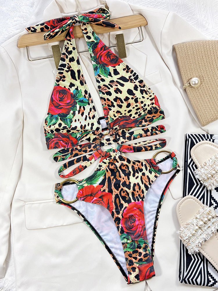 Halter One Piece Swimsuits Leopard Monokini with Ring Links - BeExtra! Apparel & More