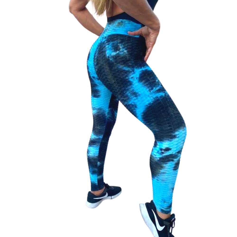 High Waist Tie Dye Butt Lifting Textured Workout Leggings (Blue/Black) - BeExtra! Apparel & More
