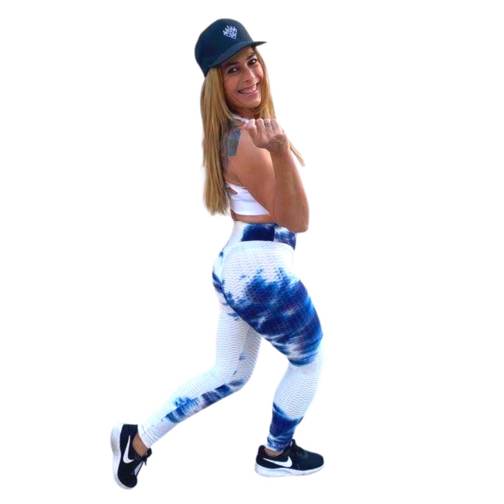 High Waist Tie Dye Butt Lifting Textured Workout Leggings (Blue/White) - BeExtra! Apparel & More