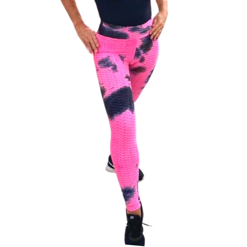 High Waist Tie Dye Butt Lifting Textured Workout Leggings (Pink/Black) - BeExtra! Apparel & More