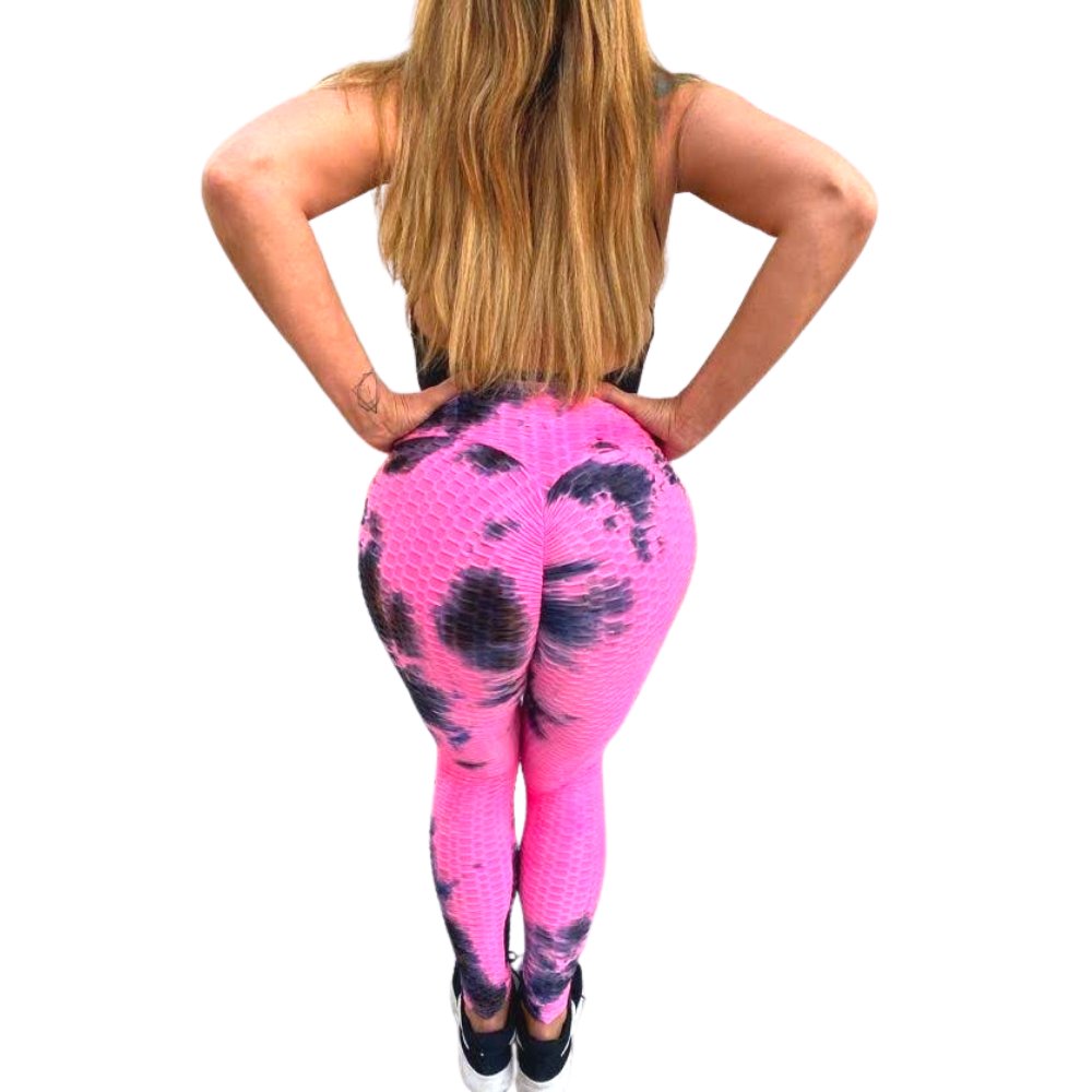 High Waist Tie Dye Butt Lifting Textured Workout Leggings (Pink/Black) - BeExtra! Apparel & More