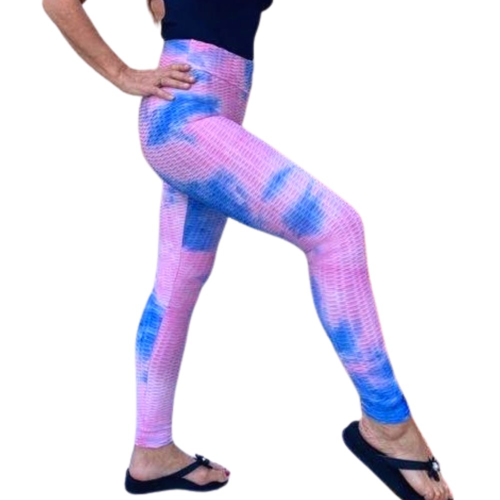 High Waist Tie Dye Butt Lifting Textured Workout Leggings (Pink/Violet) - BeExtra! Apparel & More