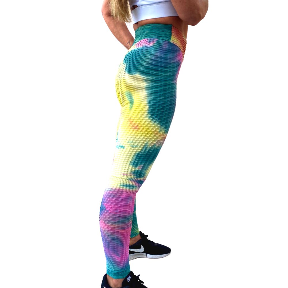 High Waist Tie Dye Butt Lifting Textured Workout Leggings (Rainbow)