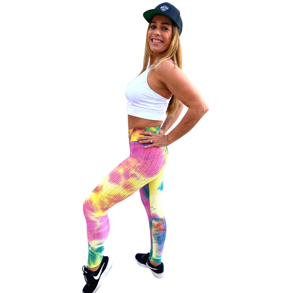 High Waist Tie Dye Butt Lifting Textured Workout Leggings (Rainbow) - BeExtra! Apparel & More