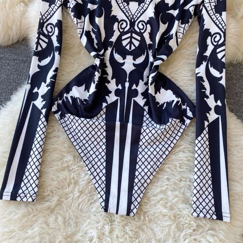 Long Sleeve Black and White Bodysuit with Rhinestones - BeExtra! Apparel & More