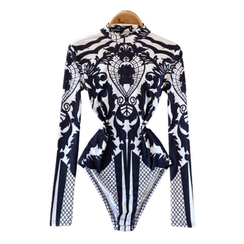 Long Sleeve Black and White Bodysuit with Rhinestones - BeExtra! Apparel & More