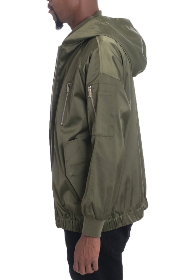 Man's Olive Satin Hooded Bomber Jacket - BeExtra! Apparel & More