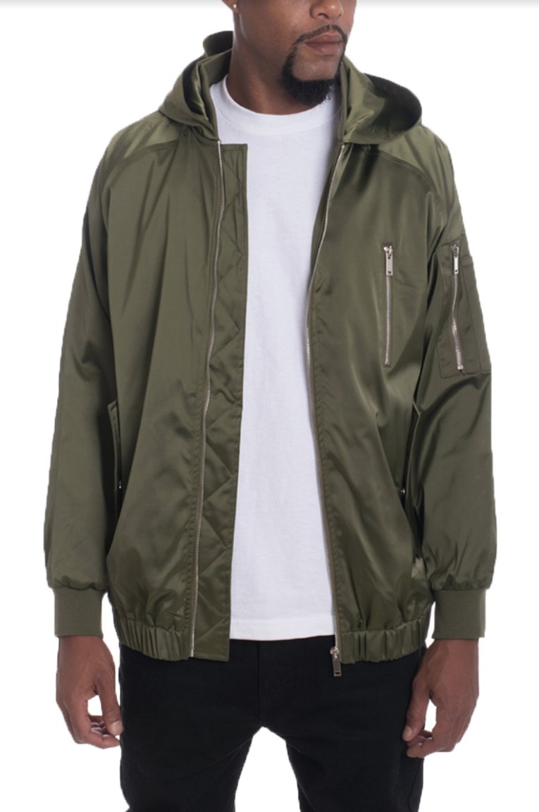Man's Olive Satin Hooded Bomber Jacket - BeExtra! Apparel & More