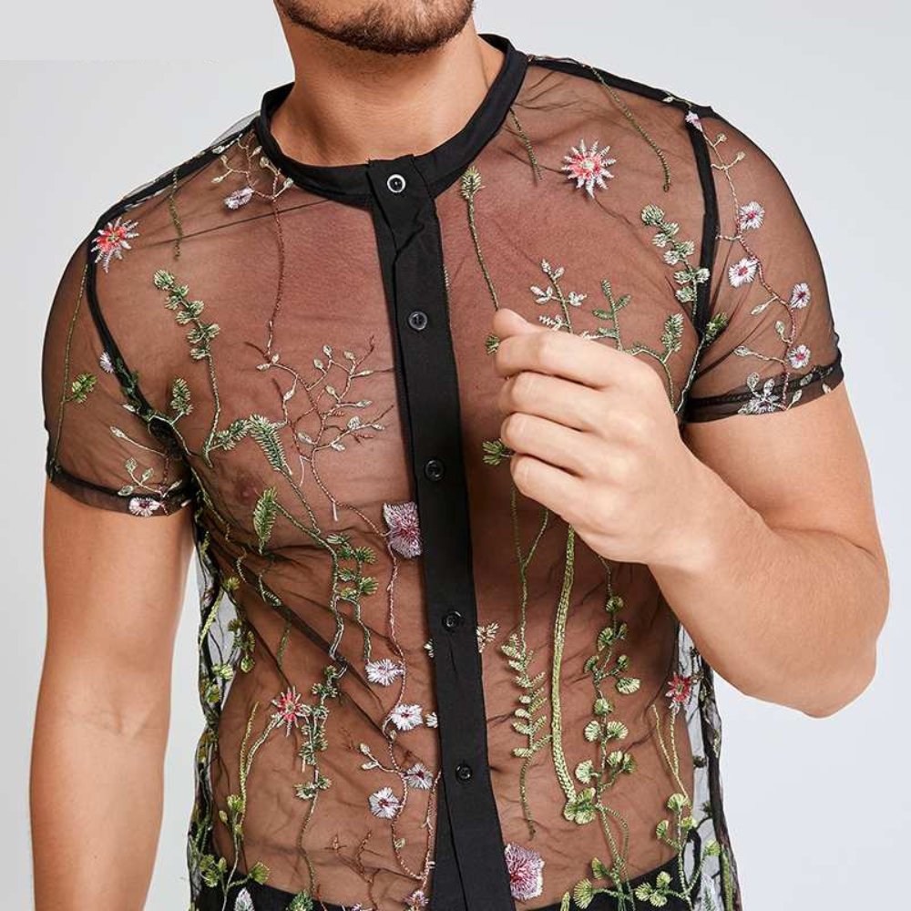 Men's Mesh Button-up Embroidered Shirt - BeExtra! Apparel & More