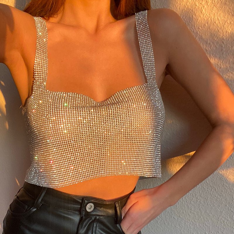 Night Out Sparkly Rhinestones Crop Top with Straps - BeExtra! Apparel & More