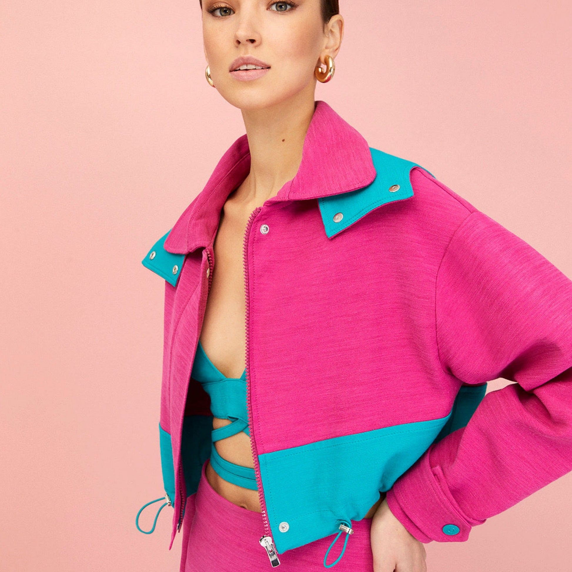 Pink Block Cropped Jacket with Removable Hood - BeExtra! Apparel & More