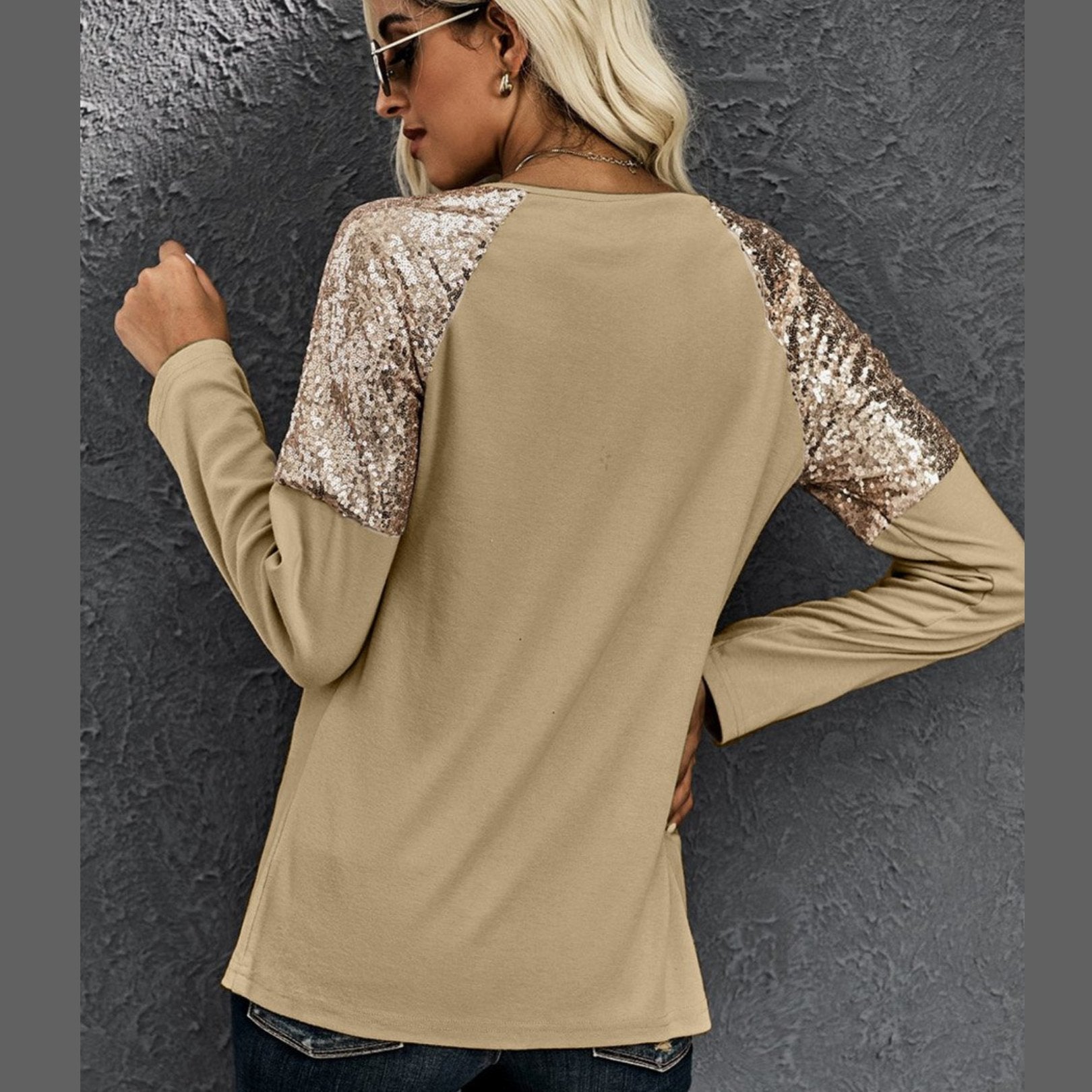 Shiny Sequin Shoulder Long Sleeve Top - BeExtra! Apparel & More