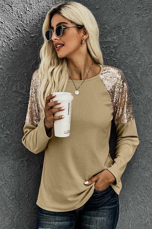 Shiny Sequin Shoulder Long Sleeve Top - BeExtra! Apparel & More