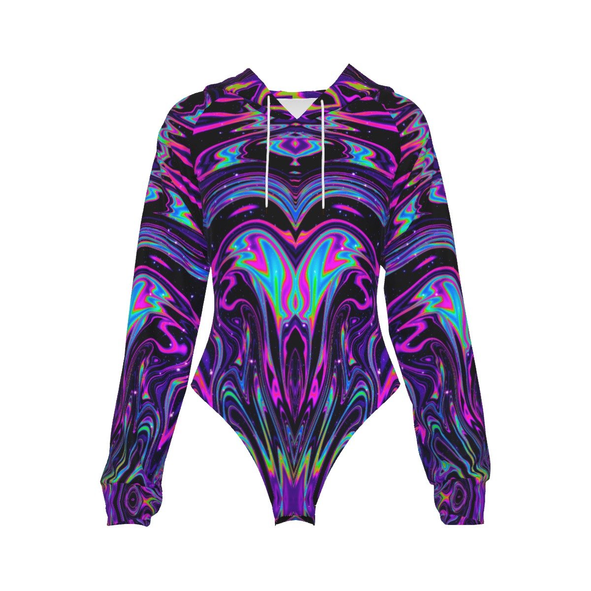 Trippy Festival Hooded Bodysuit with Long Sleeves - BeExtra! Apparel & More