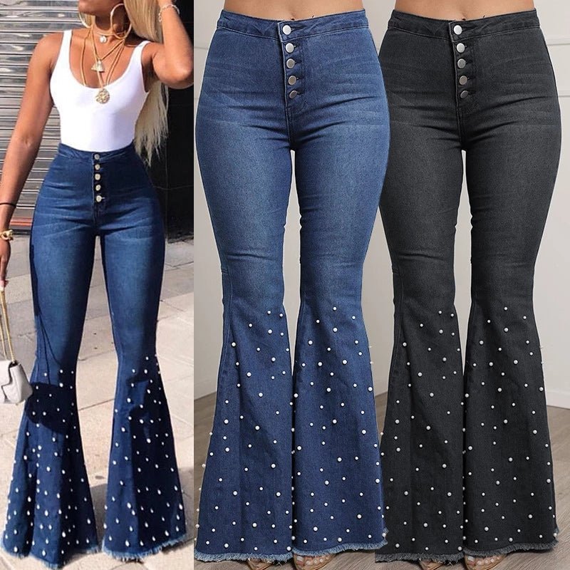 Vibrant High Waist Women’s Flare Denim Jeans with Beads - BeExtra! Apparel & More
