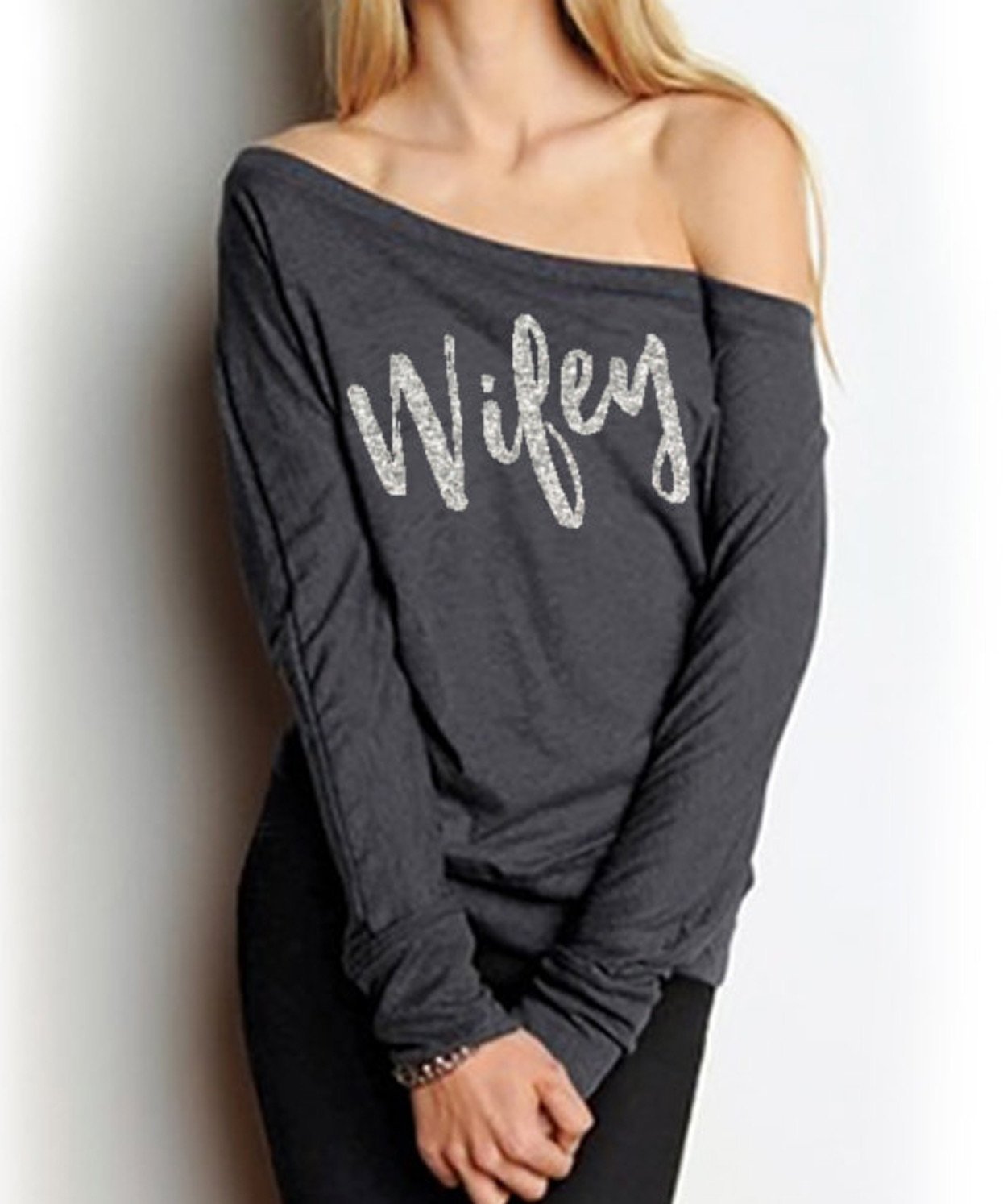 WIFEY Silver Glitter Off-Shoulder Sweater - BeExtra! Apparel & More