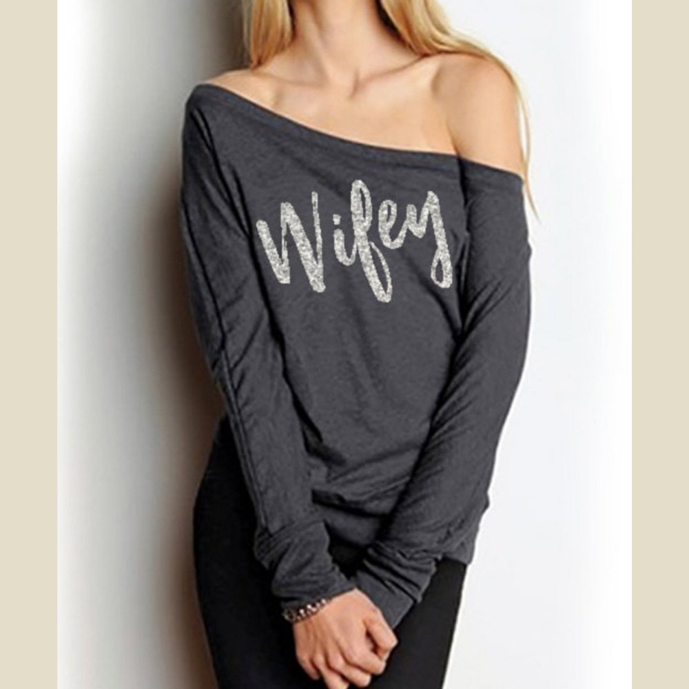 WIFEY Silver Glitter Off-Shoulder Sweater - BeExtra! Apparel & More