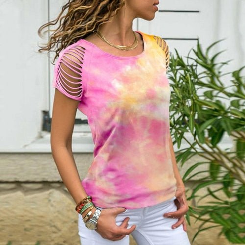 Women's Tie-dye T-shirt with Shredded Sleeves - BeExtra! Apparel & More