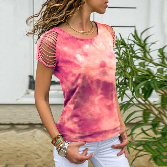 Women's Tie-dye T-shirt with Shredded Sleeves - BeExtra! Apparel & More